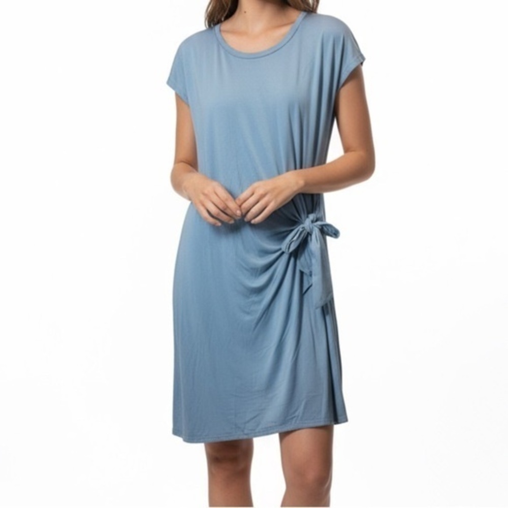 LNBF Bamboo T-Shirt Dress Dusty Blue Side Knot Mini S